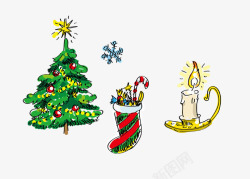 卡通手绘圣诞树袜子蜡烛灯素材