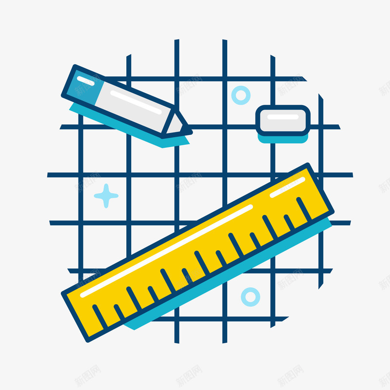 彩色手绘尺子元素矢量图ai免抠素材_新图网 https://ixintu.com 卡通插画 商务 彩色 文具 格子 橡皮 网状 铅笔 矢量图