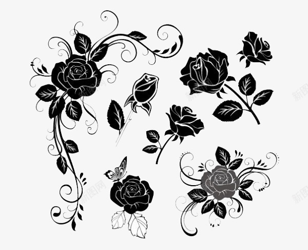 黑色玫瑰花装饰图png免抠素材_新图网 https://ixintu.com 剪影 图案 植物