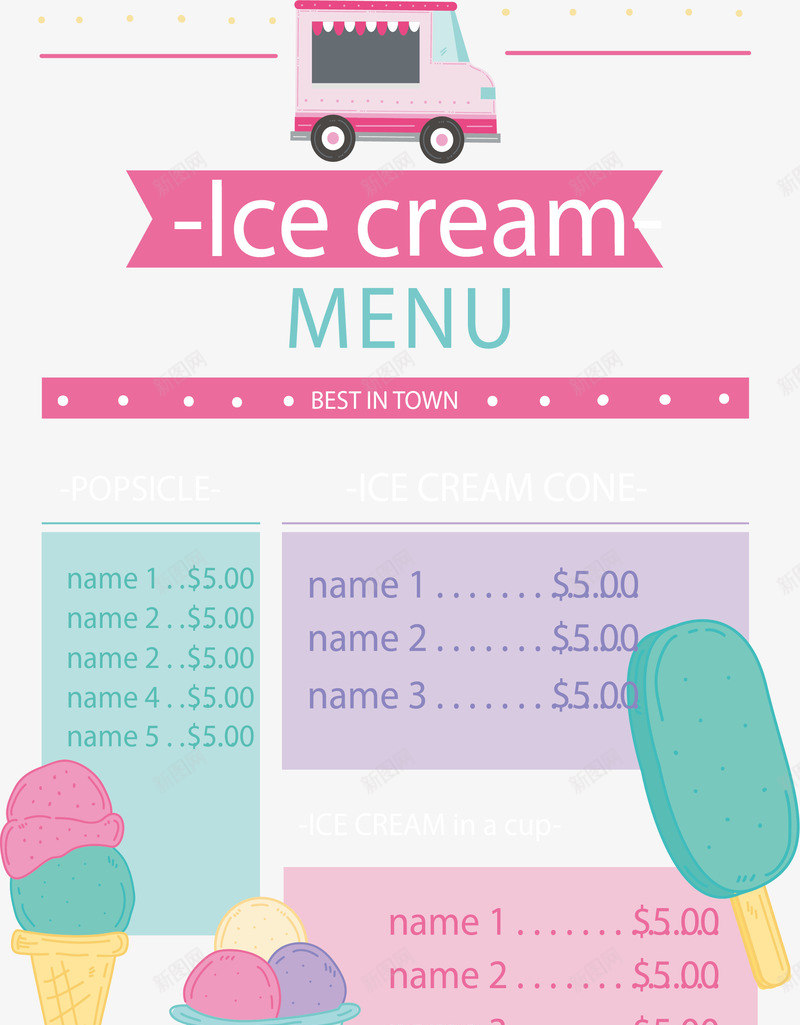 彩色冰激凌菜单矢量图ai_新图网 https://ixintu.com 冰激凌 冰激凌菜单 矢量png 粉红色 菜单 矢量图