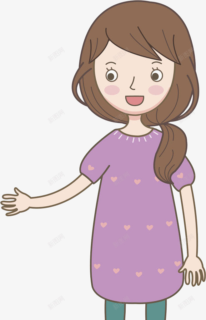 卡通做有请姿势的女人png免抠素材_新图网 https://ixintu.com 伸手的女人 图案 女人 微笑的 手势 有请 漂亮的 紫色的 长头发