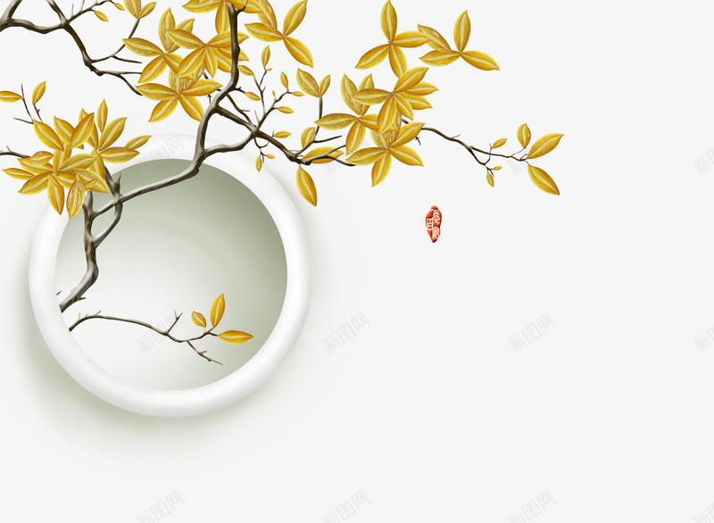 中式金色树叶psd免抠素材_新图网 https://ixintu.com 中式 圆圈 树叶 立体 金色