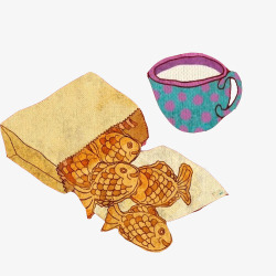 鱼饼和饮料手绘画片素材