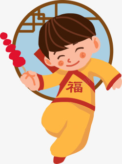 卡通新年中国风拿糖葫芦小男孩素材