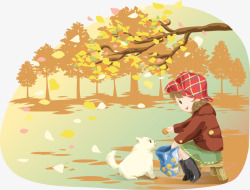 秋天插图秋天公园女孩喂小狗吃东西高清图片