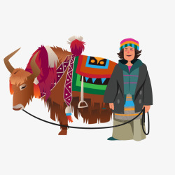 手绘牦牛卡通藏民与牦牛插图矢量图高清图片