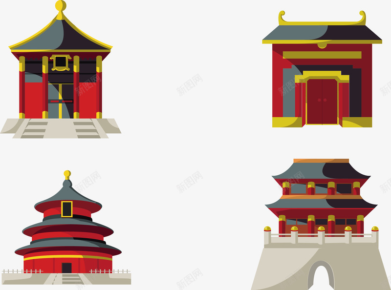 中式寺庙集合png免抠素材_新图网 https://ixintu.com 卡通 古典 庙宇 红色 黄色