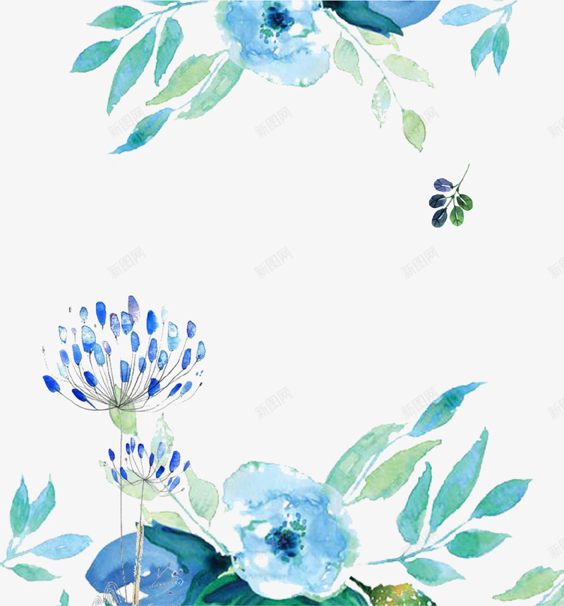 蓝色清新水面花朵装饰图案psd免抠素材_新图网 https://ixintu.com 叶子 水墨 清新 背景 花朵 蓝色 装饰图案