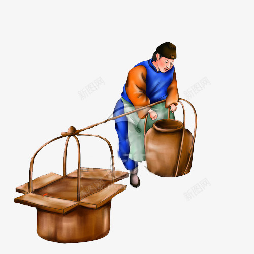 古代人卖东西png免抠素材_新图网 https://ixintu.com 卖东西 卡通 手绘 担子 担水 挑夫 挑担子 挑担子图 男子 篮子 罐子