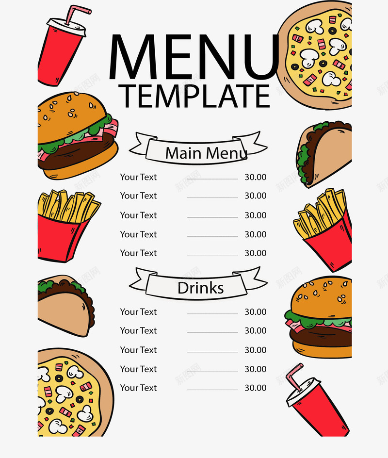 手绘快餐汉堡菜单矢量图ai_新图网 https://ixintu.com 快餐菜单 汉堡 汉堡菜单 矢量png 菜单 矢量图