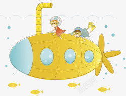 手绘潜艇骑在潜艇上的男女孩高清图片