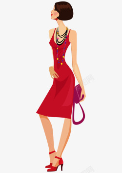 时尚红裙手绘卡通人物时尚美女高清图片