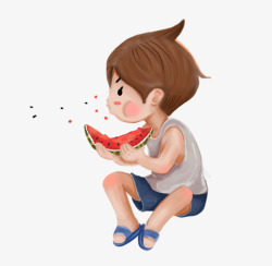 吃西瓜的小孩卡通手绘小孩吃西瓜吐籽高清图片