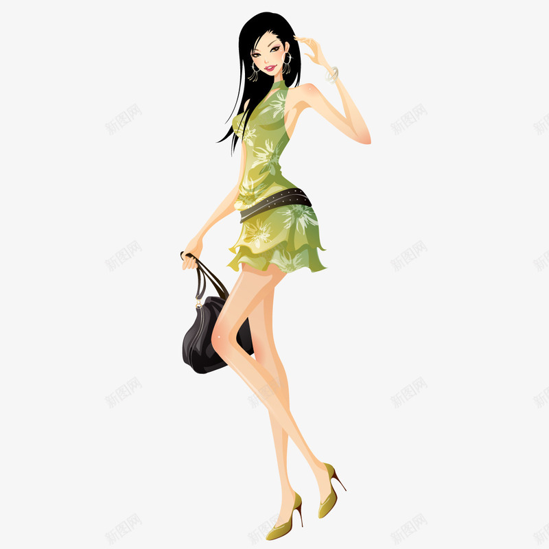 都市时尚美女png免抠素材_新图网 https://ixintu.com png图形 女人 手提包 手绘画 绿裙子 美女 装饰