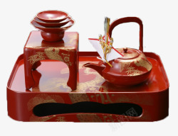 日本金色叶形背景日式红色漆器茶具套装高清图片