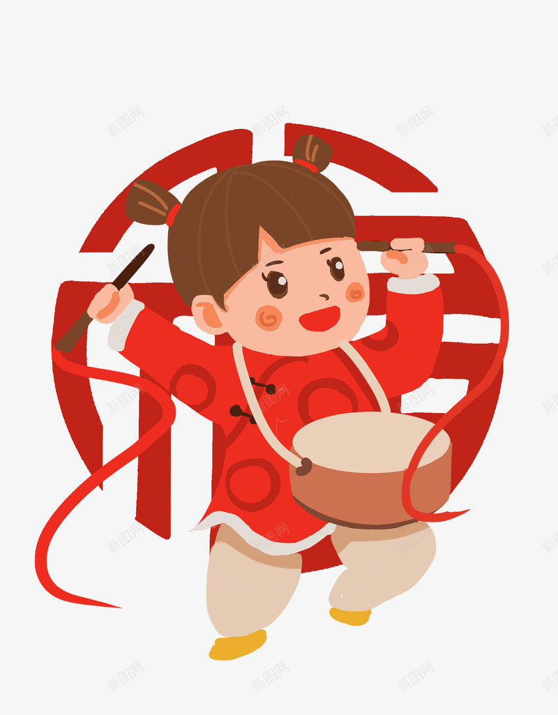 卡通喜迎新年敲鼓女孩png免抠素材_新图网 https://ixintu.com 2019 中国风 传统习俗 农历新年 卡通 喜迎新年 敲鼓女孩 新年