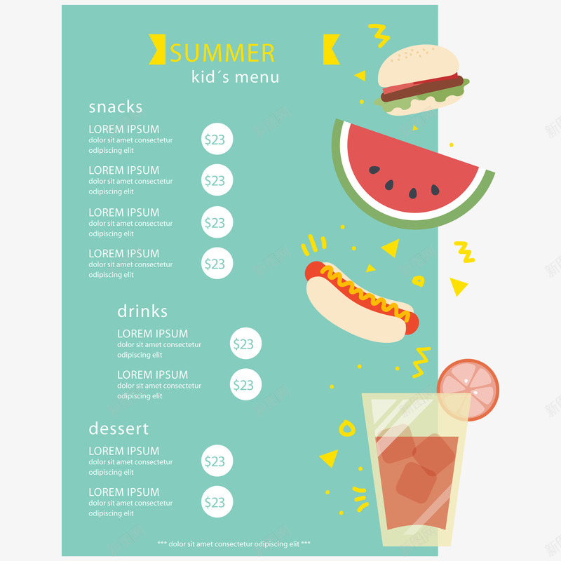 夏季儿童菜单png免抠素材_新图网 https://ixintu.com 儿童菜单 夏季 汉堡 西瓜 饮料 香肠