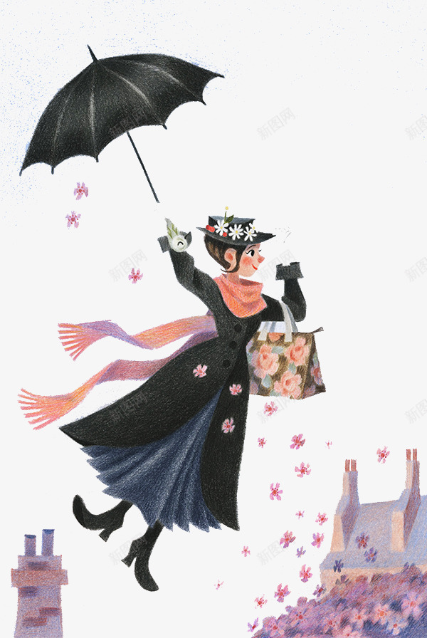 撑着伞在飞的女人png免抠素材_新图网 https://ixintu.com 创意设计 卡片封面 手绘插画 雨中女人