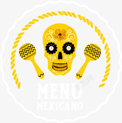 墨西哥菜单金色卡通骷髅头标签高清图片