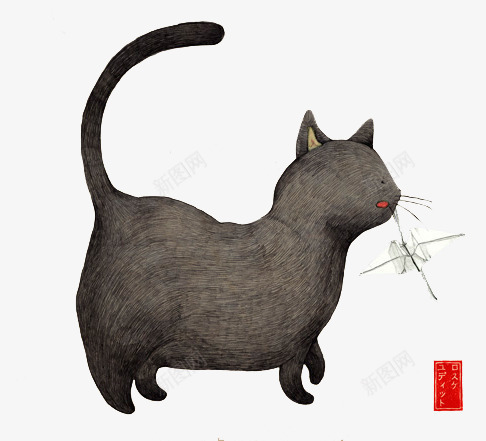 手绘胖猫咪叼着飞机png免抠素材_新图网 https://ixintu.com 创意插画设计 卡通贺卡封面 手绘插画