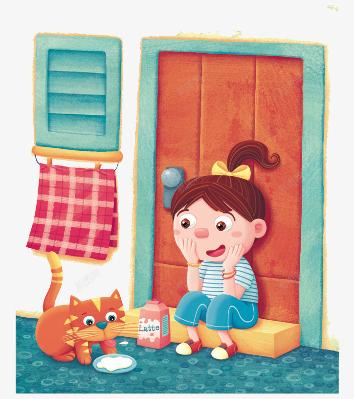 看小猫咪吃饭的女孩psd免抠素材_新图网 https://ixintu.com 创意设计 卡片封面 手绘插画