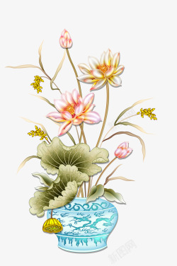中式葫芦花瓶彩雕荷花高清图片
