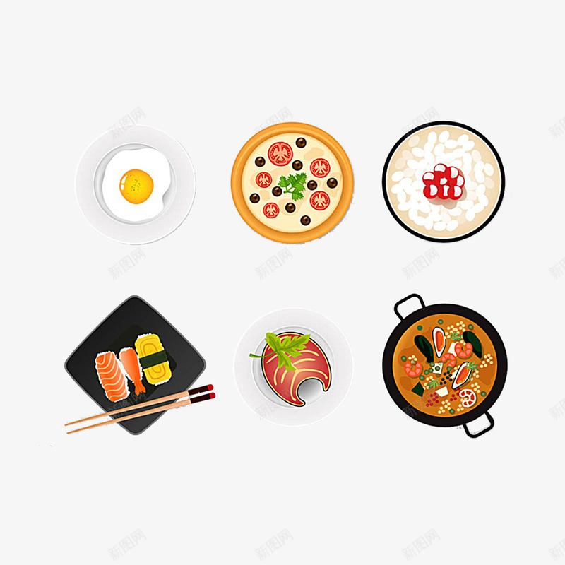 手绘日式食物png免抠素材_新图网 https://ixintu.com 寿司 披萨 海鲜汤 煎蛋
