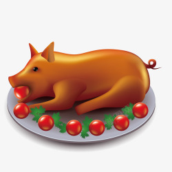 透明抠图卡通盘子上的烤乳猪高清图片