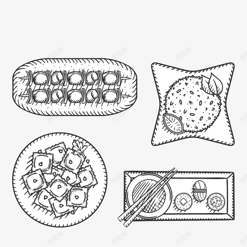 手绘菜品矢量图ai免抠素材_新图网 https://ixintu.com 寿司 炒饭 食物 黑色 矢量图