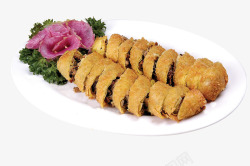 大蒜干锅鸭食品餐饮盘子里的脆皮鸭卷高清图片