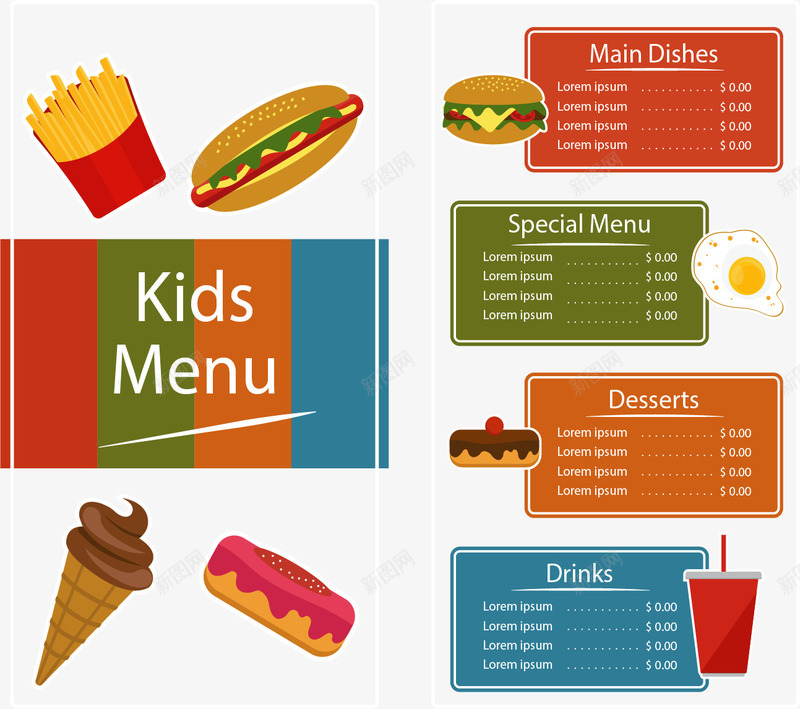 扁平色块儿童菜单矢量图eps_新图网 https://ixintu.com 儿童菜单 分类 彩色 扁平化 矢量素材 矢量图