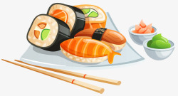 三文鱼卷清新手绘寿司日式料理高清图片