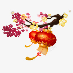 大红梅花素材唯美中国风红色灯笼梅花传统纹样高清图片