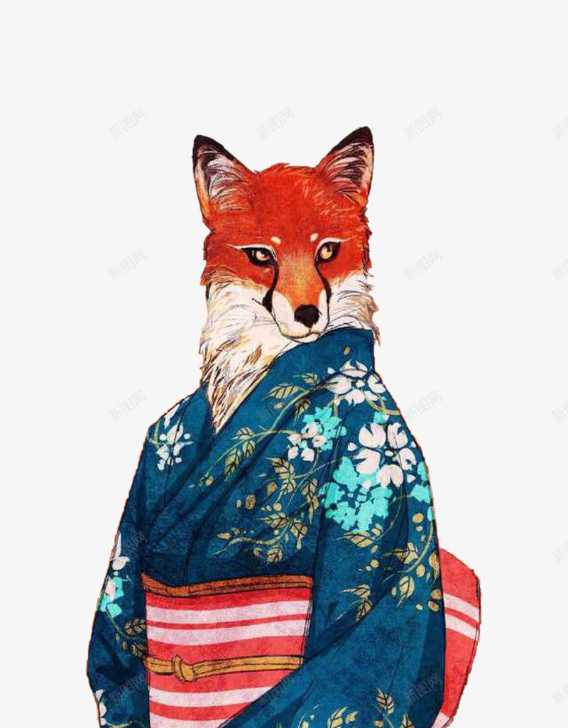 和服狐狸png免抠素材_新图网 https://ixintu.com 动物 手绘 日式 日本和服 狐狸 红色 蓝色和服 衣服