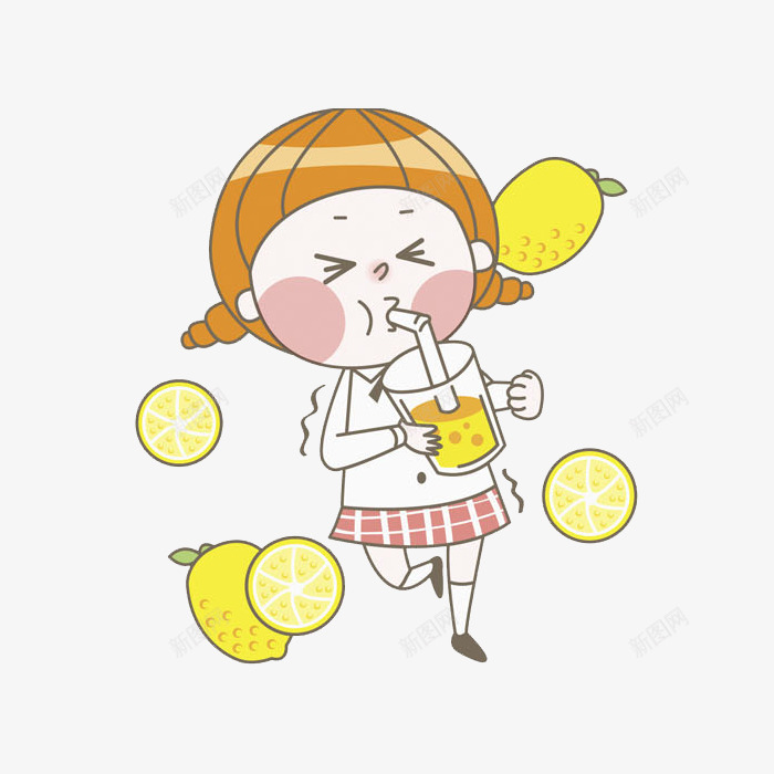 喝果汁的女孩png免抠素材_新图网 https://ixintu.com 习惯 卡通 可爱 女孩 手绘 杯子 柠檬 黄色