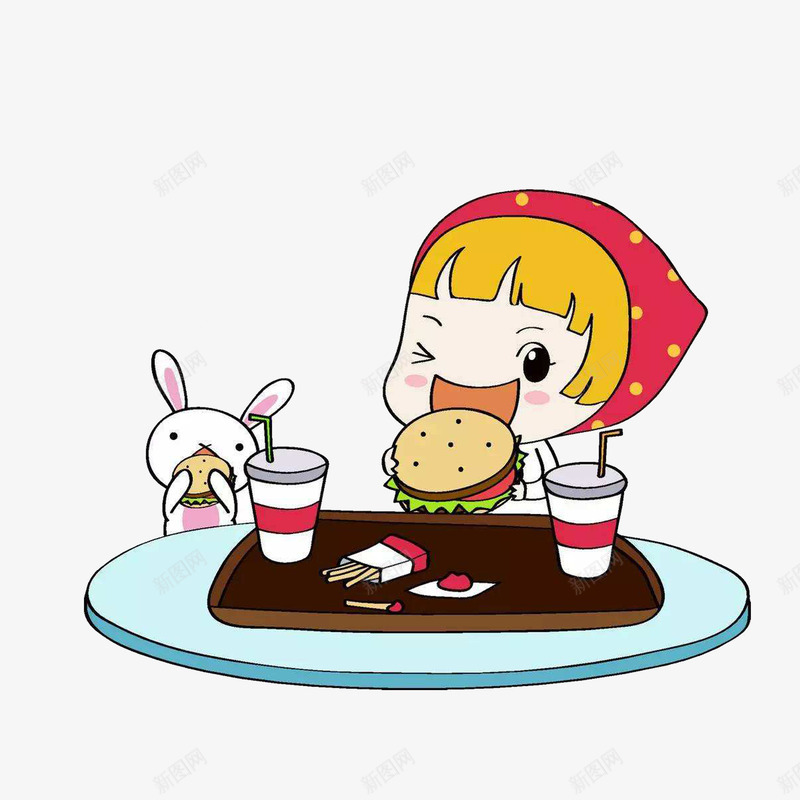 在吃汉堡的女孩png免抠素材_新图网 https://ixintu.com 卡通插画 可乐 吃东西的美女 吃东西美女 在吃汉堡的女孩 薯条