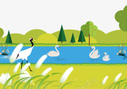 小清新春季河流小鸭子绿色背景素材