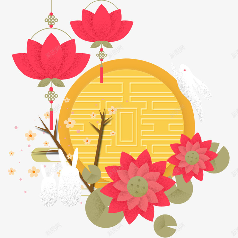 创意中国风中秋节插画psd免抠素材_新图网 https://ixintu.com 中国风 中秋节 创意 剪纸风格 插画设计 荷花