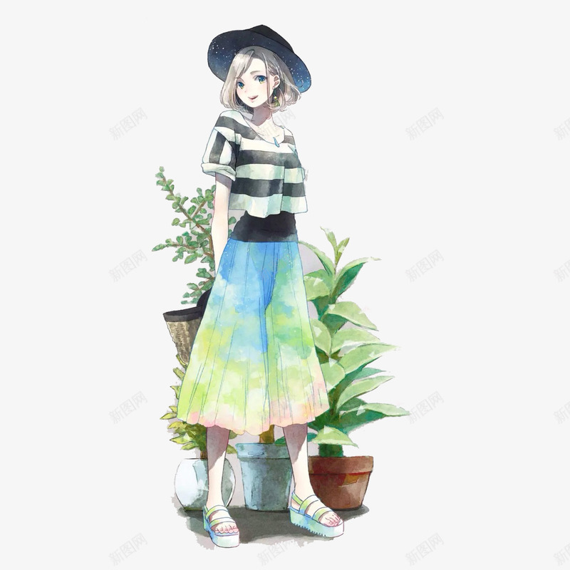 穿着裙子的手绘女孩png免抠素材_新图网 https://ixintu.com 唯美 女孩 帽子 彩色裙子 手绘 植物盆栽 水彩 美女