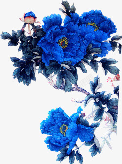 蓝色唯美手绘中式花朵素材