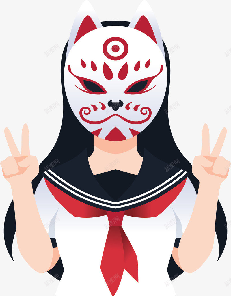 带着面具的日本女孩矢量图ai免抠素材_新图网 https://ixintu.com 带着面具 戴面具的女人 日式面具 日本女孩 猫咪面具 矢量png 矢量图 面具女孩