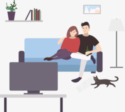 情侣看电视沙发上看电视的情侣矢量图高清图片