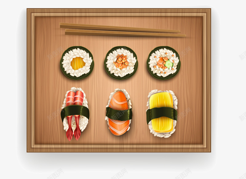 手绘日式料理png免抠素材_新图网 https://ixintu.com 手绘 日式料理 木质餐盘 筷子 餐盘