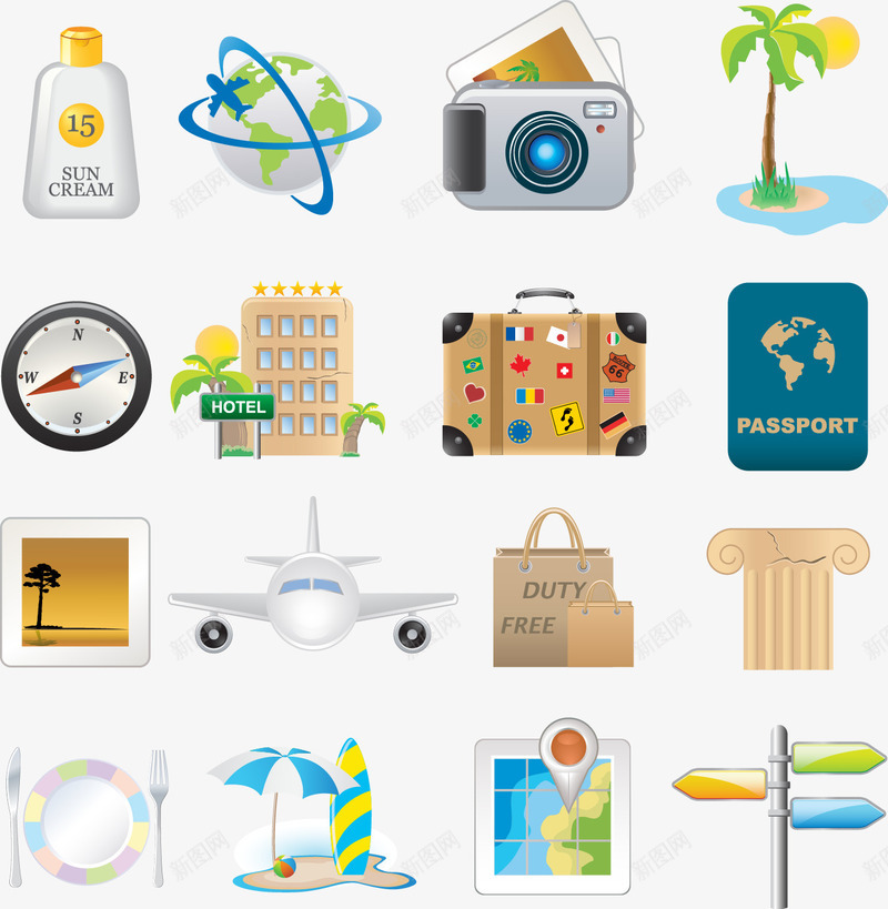 手绘旅游相关用品矢量图ai免抠素材_新图网 https://ixintu.com 手绘 护照 指南针 相机 行李箱 防晒霜 矢量图