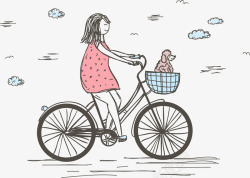 骑自行车的女孩骑自行车遛狗高清图片