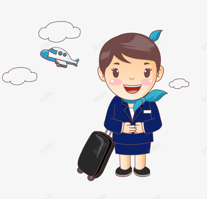 拉着行李箱的空姐png免抠素材_新图网 https://ixintu.com 卡通 女人 微笑的 旅行箱的人 漂亮的 空姐 行李箱 飞机