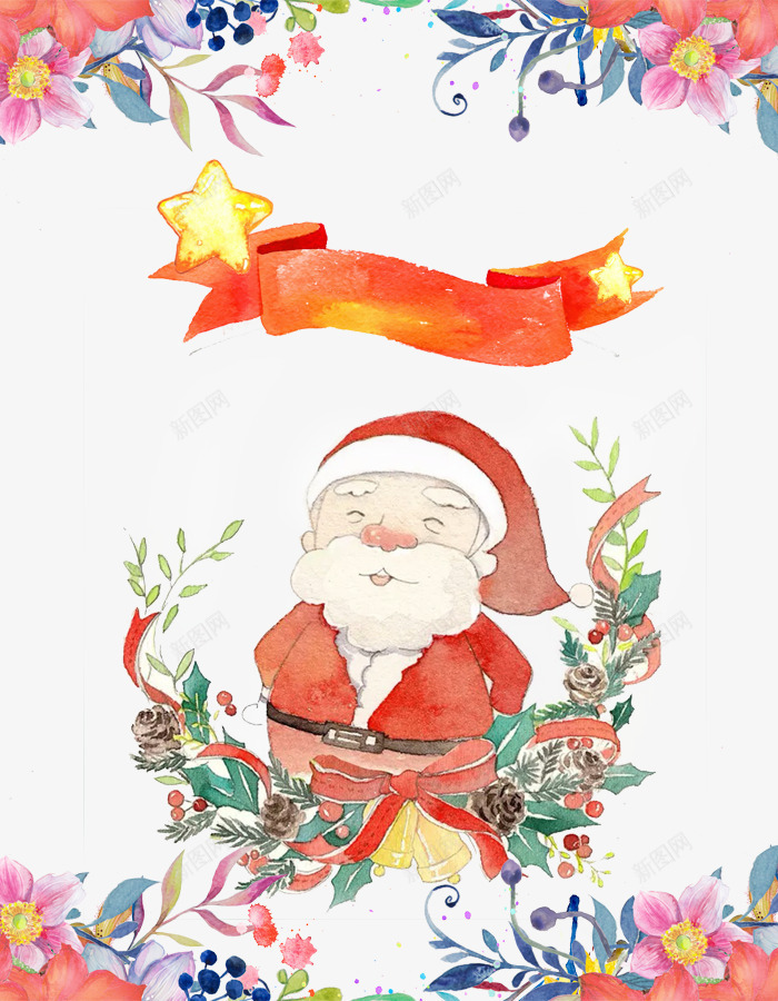 圣诞老人贺卡新年花边分层png免抠素材_新图网 https://ixintu.com 丝带 圣诞 手绘 星星 花边