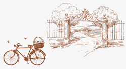 自行车线线稿手绘自行车门口插画高清图片