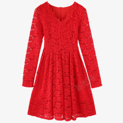 长袖红裙甜美红色蕾丝连衣裙高清图片