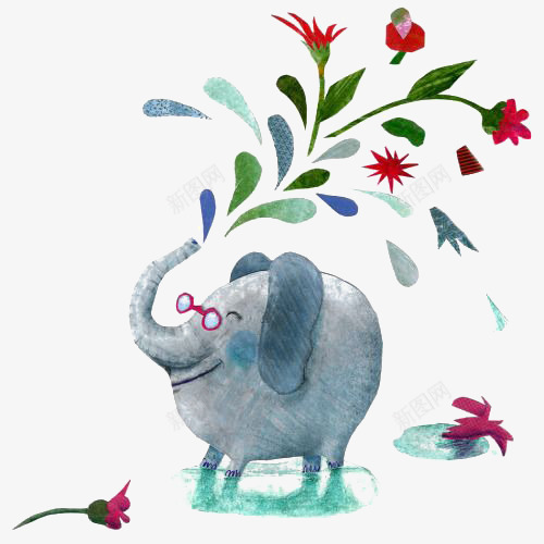 创意大象png免抠素材_新图网 https://ixintu.com 卡通 喷水 大象 手绘 插画 花朵